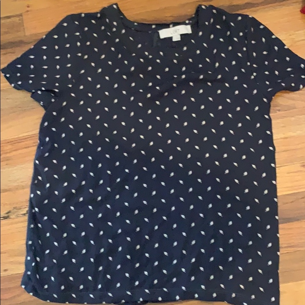 Loft Navy Leaf Print Top, Size Small